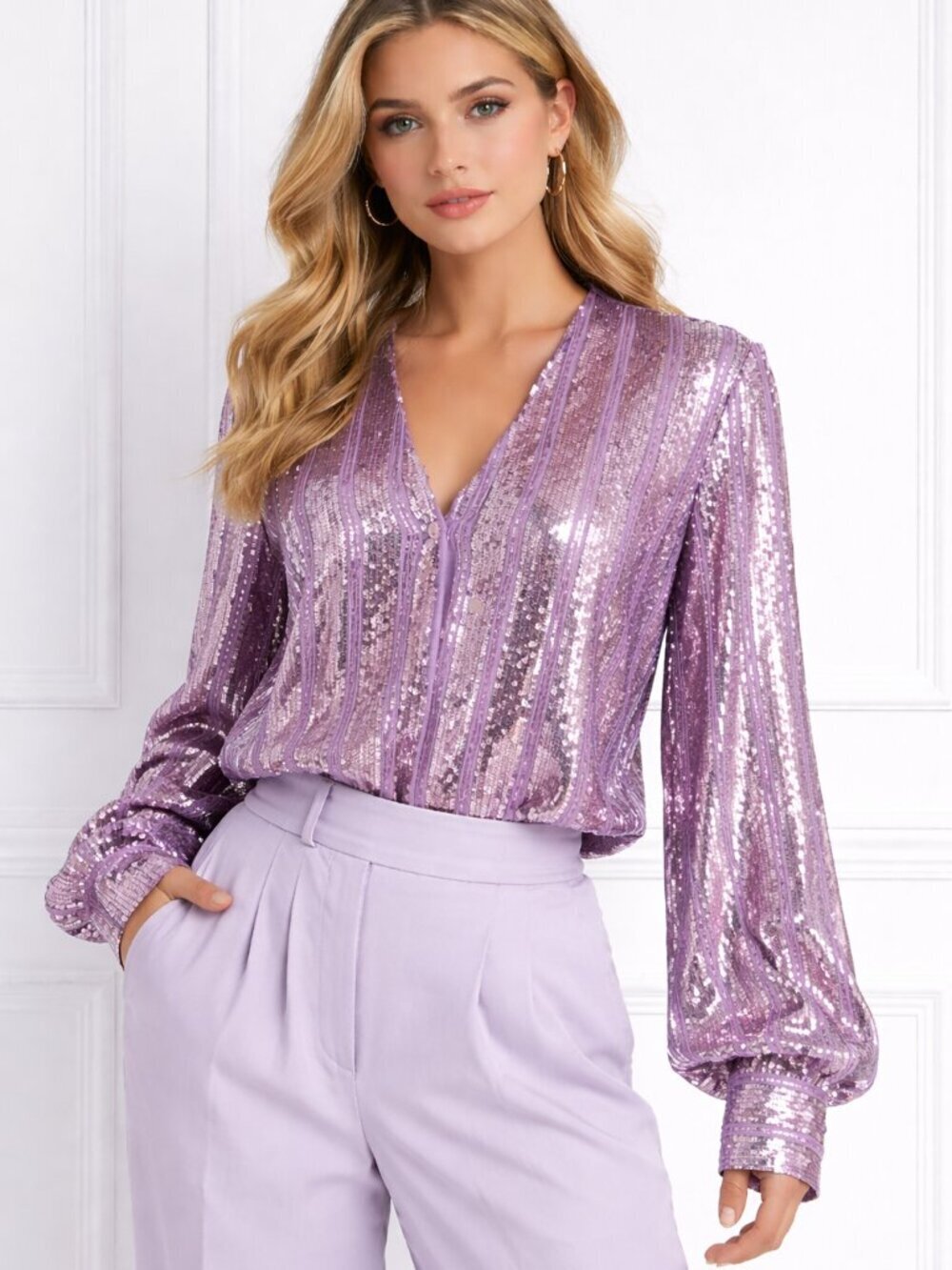 Sally LaPointe Lavender Striped Sequin Blouse V-Neck Button Front Top NWOT